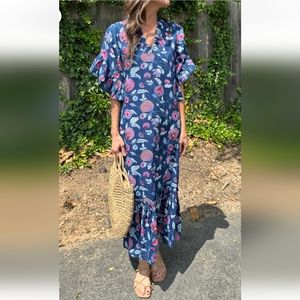 NWT Fitzroy and Willa Blue Orange Floral Marti Maxi Dress Size Small